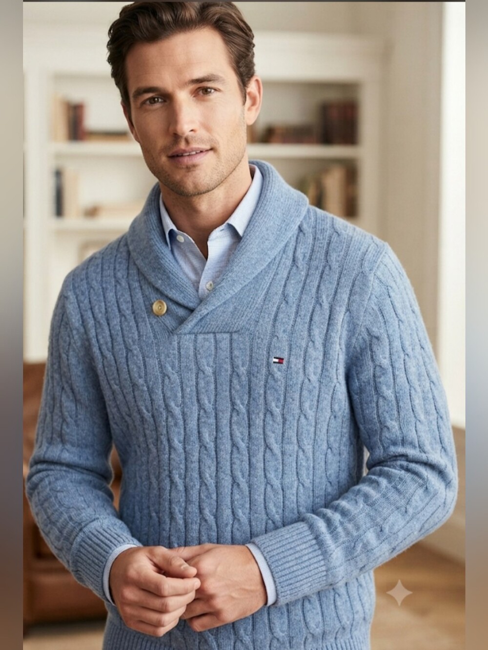 Tommy Hilfiger Men's Light Blue Cable Knit Shawl Collar Sweater with Button
